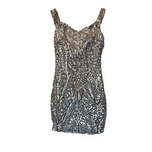 Hot Miami Styles Women's Silver Off-Shoulder Rhinestone Party Dress S